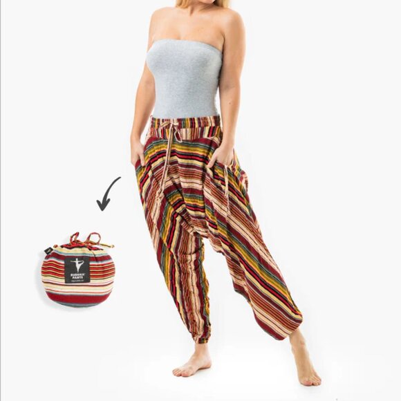 Buddha Pants Unisex Drawstring Boho Hippie Stripe Savannah Harem Pants Red - Picture 7 of 13
